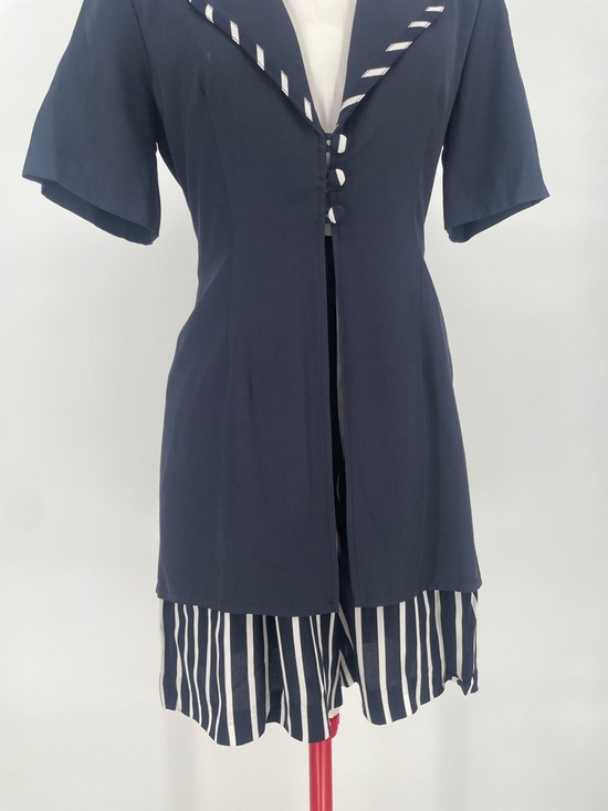 1980s Navy & White Nautical Striped Shorts Romper J.S.J. Petites Back Waist Tie - Picture 4 of 12